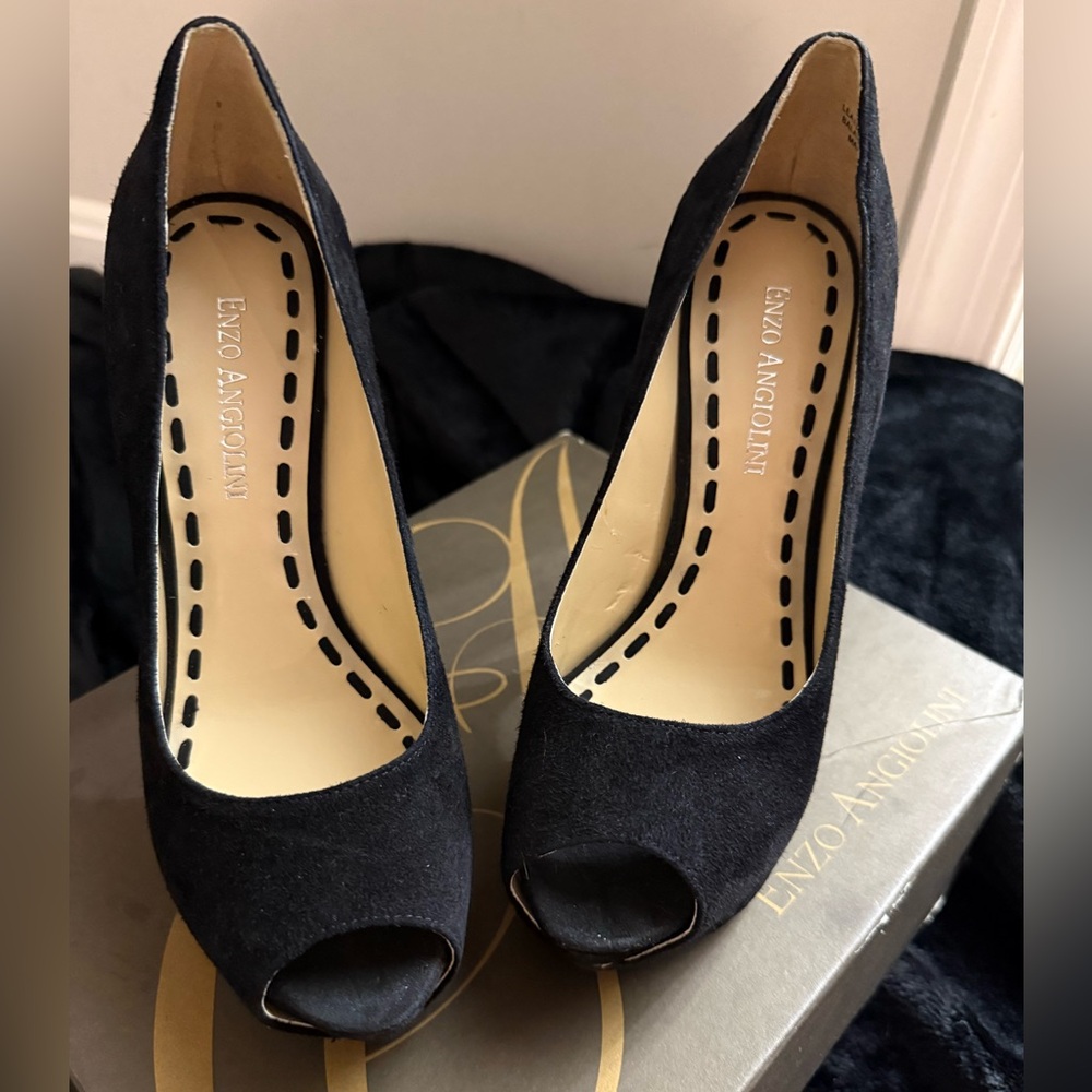 Enzo Angiolini Black Suede Open-Toe Heels